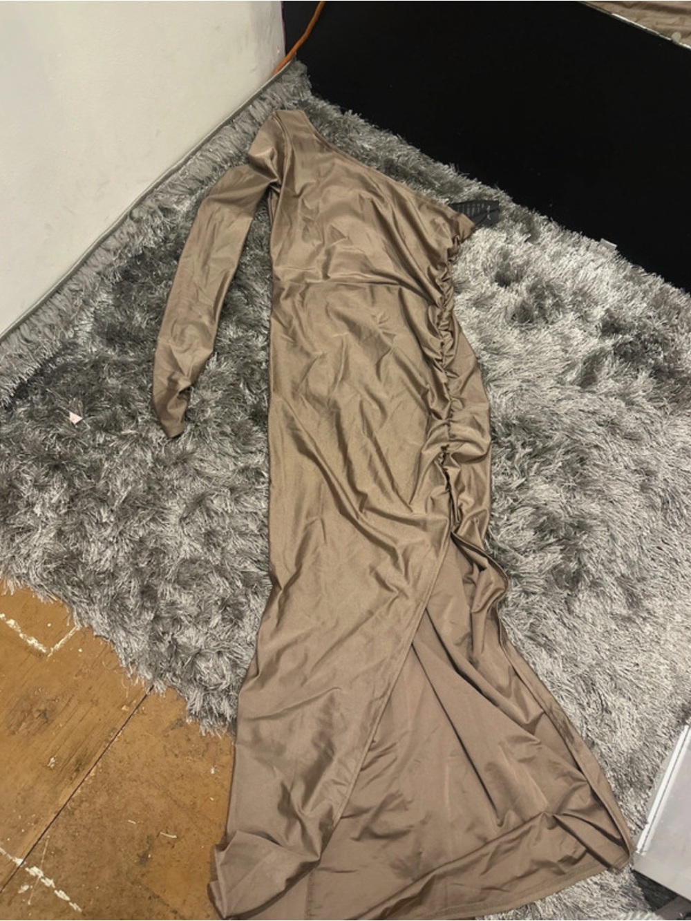Formal One-Shoulder Ruched Maxi Dress in Taupe